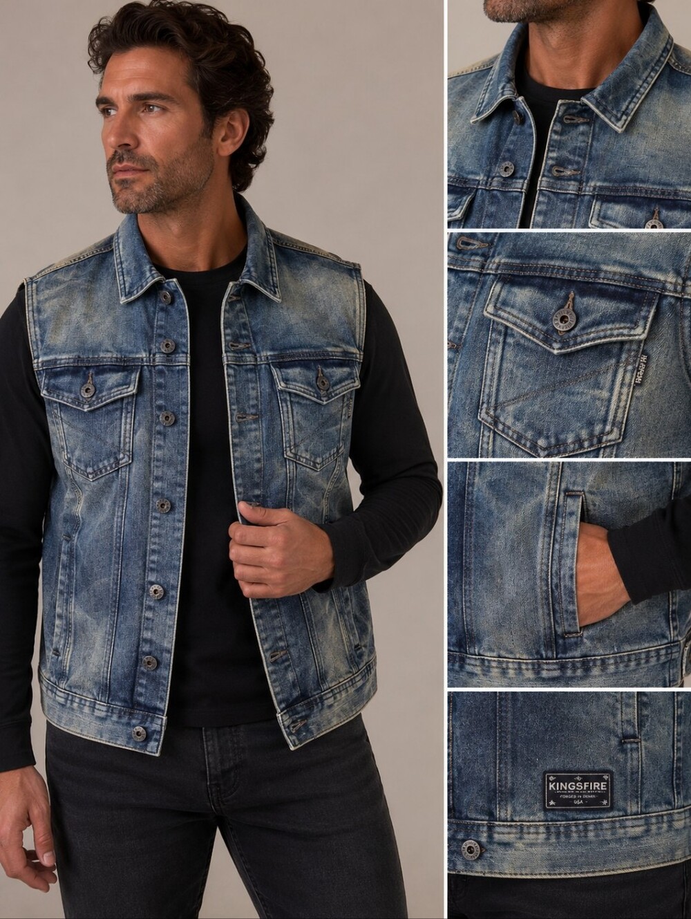 Ring of Fire Mens Blue Denim Vest Eagle Graphic Camo Yoke Large Street Style